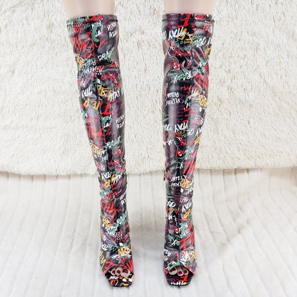 Zen Love Colorful Graffiti Print Over The Knee Boots With Wedge Heart heels - Picture 13 of 16
